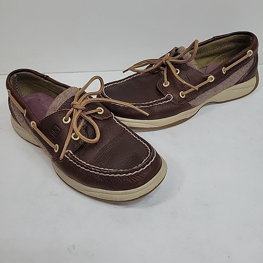 Sperry Top Siders Leather with Wool Tweed Houndstooth Trim Womens 7M Non Slip‎